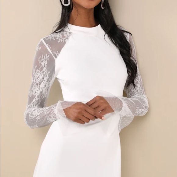 Lulus Elegant White Lace Sleeve Dress - Picture 1 of 5